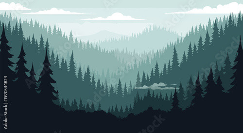 Misty forest landscape with coniferous trees.