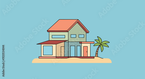 Cozy beach house on tropical island vector graphic.