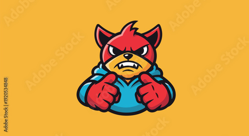 Angry cartoon character giving thumbs down red fox mascot.