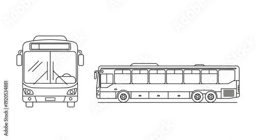Front and side view line drawing of a modern bus.