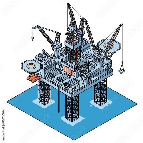 Offshore oil rig platform with cranes and equipment.