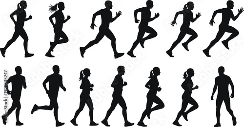Silhouette of diverse people running in various poses