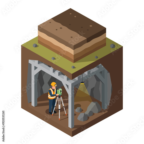 Geologist examining rock layers in an underground cave.