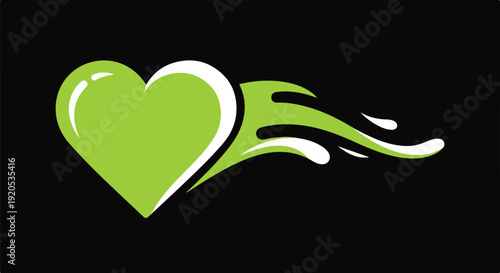 Vibrant Green Heart with Dynamic Flowing Trail on Black Background - Modern Abstract Graphic Design Element for Love and Energy Concepts