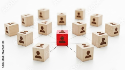 Wooden blocks with people icons arranged in a network with one red block.
