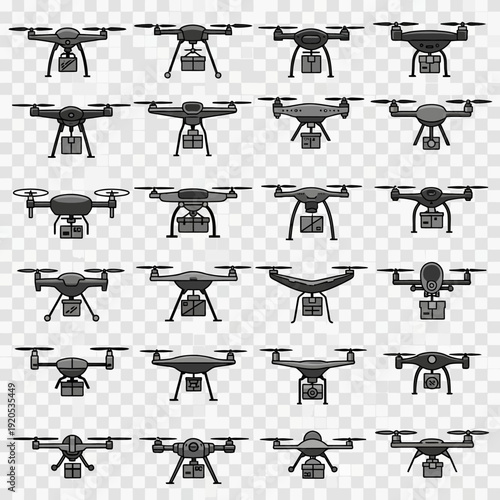 Drones in various flight positions.