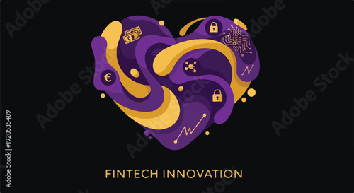 Heart-shaped fintech innovation with digital currency, blockchain, and financial charts on dark background
