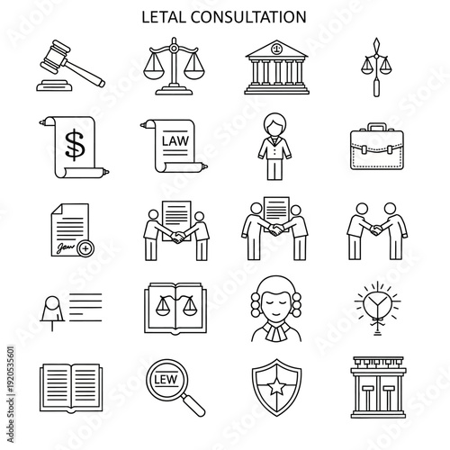 Legal consultation and law icons set.