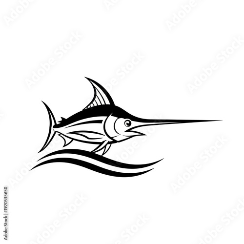 Marlin fish swimming in ocean waves.