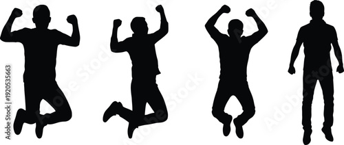 Four black silhouettes of men in various jumping and standing poses