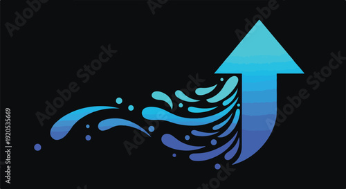 Blue arrow emerging from water splashes, symbolizing growth, progress, and innovation on a black background.