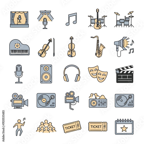 Music and film icons and symbols.