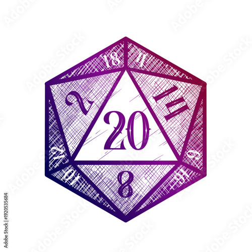 Twenty sided d20 gaming dice for tabletop role playing games, vector illustration in purple gradient