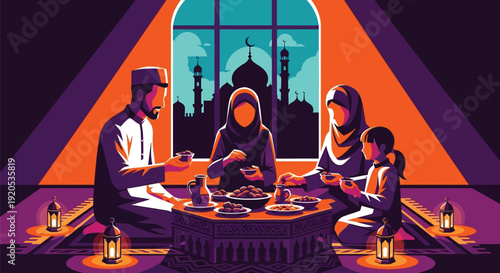 Muslim family eating iftar dinner together during ramadan