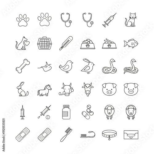 Veterinary icons for animal healthcare services.