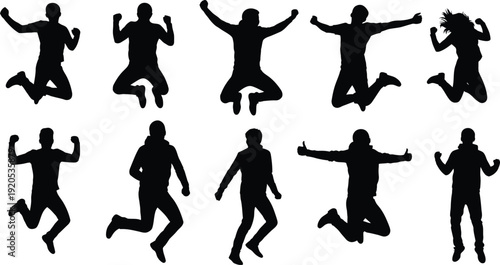 Collection of nine dynamic human silhouettes in various jumping poses