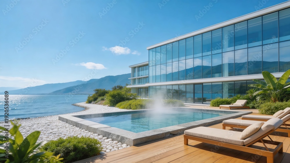 Fototapeta premium Tropical Island Resort Vacation with Overwater Bungalows and Ocean View Pool Villa