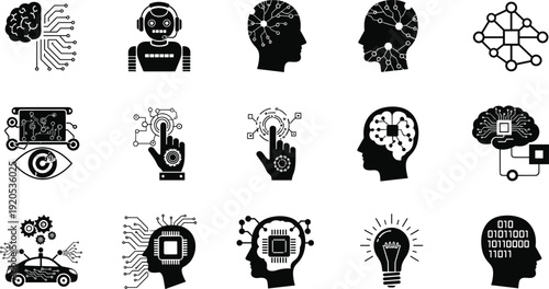 Artificial intelligence icons, neural network brain, robot head, human cognition, computer vision, machine learning, autonomous car, microchip processor, innovation, digital thinking