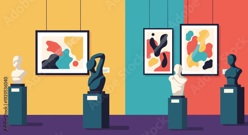 Vibrant art gallery with modern sculptures and abstract paintings on display