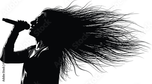 Silhouette of rock singer performing live, expressive stage presence with microphone, dynamic gesture and flowing hair, artistic music performance illustration