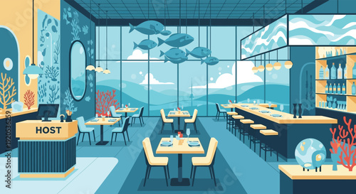 Modern ocean-inspired restaurant interior with dining tables and fish decorations