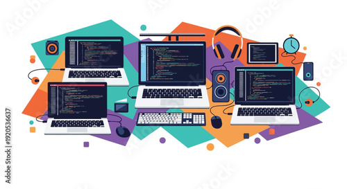 Multiple laptops and devices displaying code on screens with colorful background