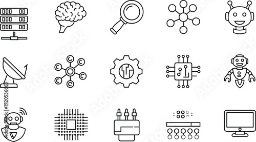 Artificial intelligence icons, server rack, brain circuits, magnifying glass, network nodes, robot head, satellite dish, microchip processor, autonomous robot, computer monitor