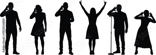 Silhouettes of people performing expressive gestures, microphone stage presence, artistic communication poses, dynamic entertainment illustration, creative posture design