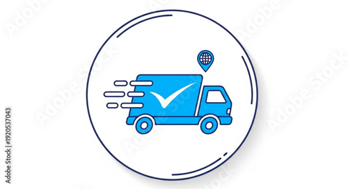 Blue delivery truck with check mark and shield icon.