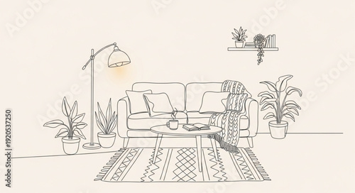 Cozy living room sketch with plants and sofa.
