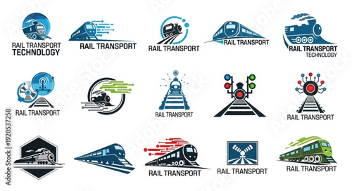 Collection of stylized train and rail transport logos.
