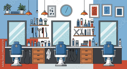 Modern barber shop interior with three chairs and equipment