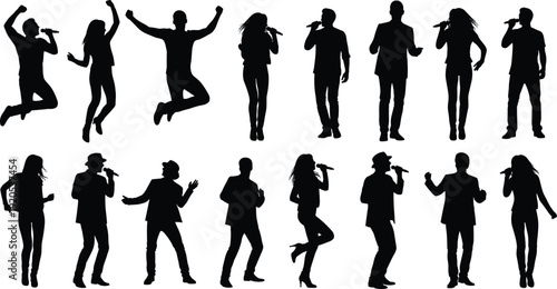 Silhouettes of people singing dancing performing, expressive stage presence with microphones, dynamic artistic posture, live entertainment illustration, creative music design