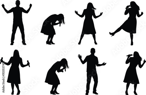 Silhouettes of people singing with microphones, expressive performers on stage, dynamic body language, artistic music performance, creative entertainment illustration