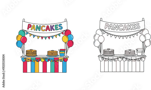 Colorful Pancake Stand and Black and White Outline Coloring Page Vector Illustration
