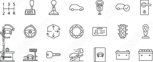 Black and white line icons, automobile and driving symbols, vehicle operation illustration set, car maintenance design, transport education, road safety, automotive artwork