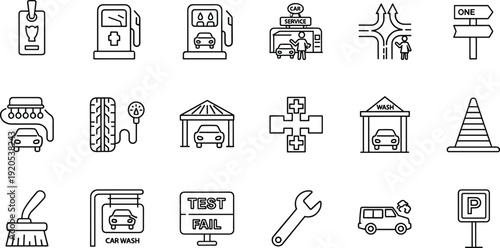 Black and white line icons, car maintenance and road service symbols, automotive illustration set, vehicle repair design, transport safety, driving infrastructure artwork