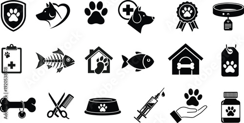 Pet care and veterinary solid icon set with animals, health, grooming, food, shelter, and medical treatment symbols