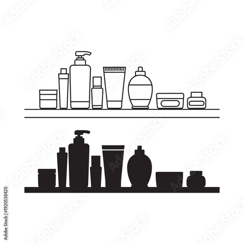 Black and white illustration of bathroom shelves with cosmetic products