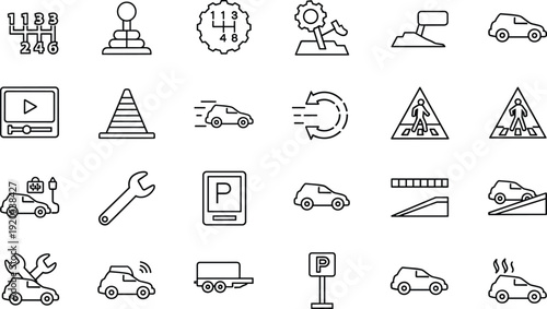Black and white line icons, driving and vehicle safety symbols, automotive maintenance illustration set, road signs design, transport education, traffic management artwork
