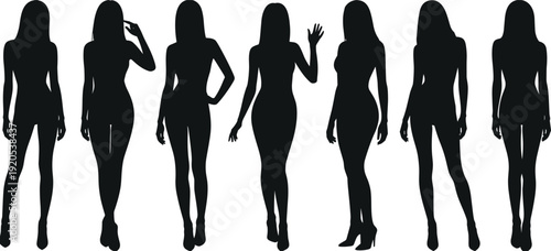 Black silhouettes of slim women standing in various fashion poses isolated on white background, female models group set for clothing design and sketches.