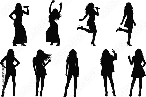 Silhouettes of women singing dancing posing, expressive performers with microphones, artistic stage presence, dynamic celebration movement, creative posture illustration