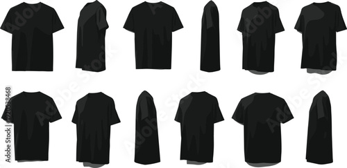 Black vector silhouette set of blank male t-shirt templates in front back and side views for fashion apparel design streetwear mockups and clothing branding