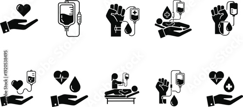 Black vector silhouette set of blood donation and medical icons including transfusion bags heart symbols donation hands and patient care for healthcare and charity branding