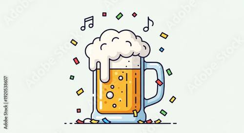 Colorful illustration of a foamy beer mug with music notes and confetti festive atmosphere