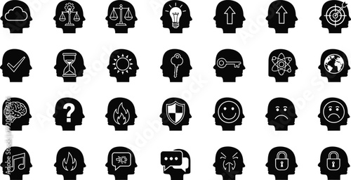 Black silhouette icons of human heads, mental state and emotion symbols, psychology illustration set, cognition design, educational concept, abstract thinking artwork