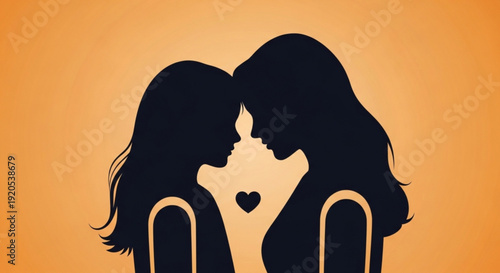 Two women in love with heart symbol between them on orange background representing love and relationship