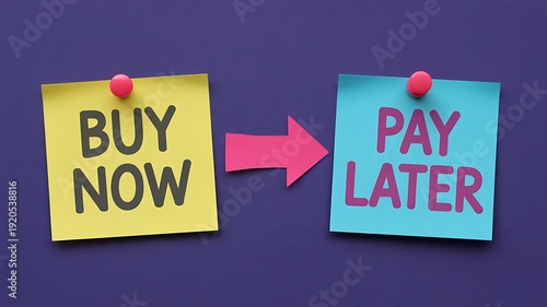 Yellow and blue sticky notes with buy now and pay later text on purple background with pink push pins and arrow