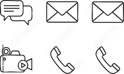 Collection of Six Communication Icons Chat Bubbles, Envelopes, Video Camera, and Telephone Handsets