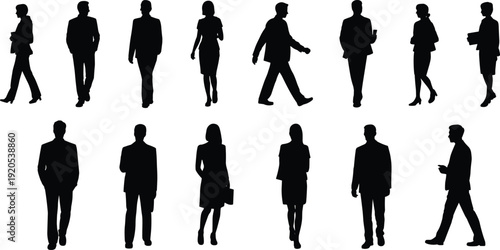 Set of black silhouettes of business men and women in suits walking and standing in various poses isolated on white background for corporate design